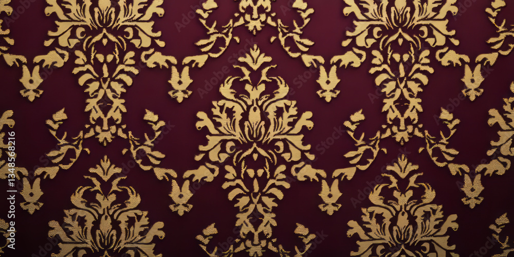A luxurious damask fabric texture background in rich burgundy and gold. The elegant, symmetrical floral motifs and raised woven patterns add an aristocratic, vintage, and decorative charm. A luxurious damask fabric texture background in rich burgundy and gold. The elegant, symmetrical floral motifs and raised woven patterns add an aristocratic, vintage, and decorative charm.