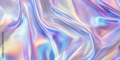 A glossy holographic fabric texture background in shifting pastel hues. The iridescent surface changes color depending on the angle of light, creating a futuristic, dynamic aesthetic ideal for