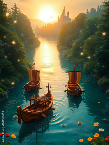 fairytale landscape, forest, boats on the river