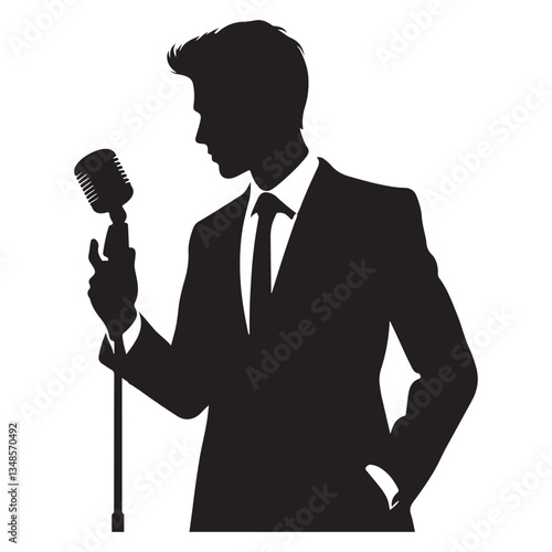 Classic Singer Silhouette Performing with Microphone Vintage Style Illustration
