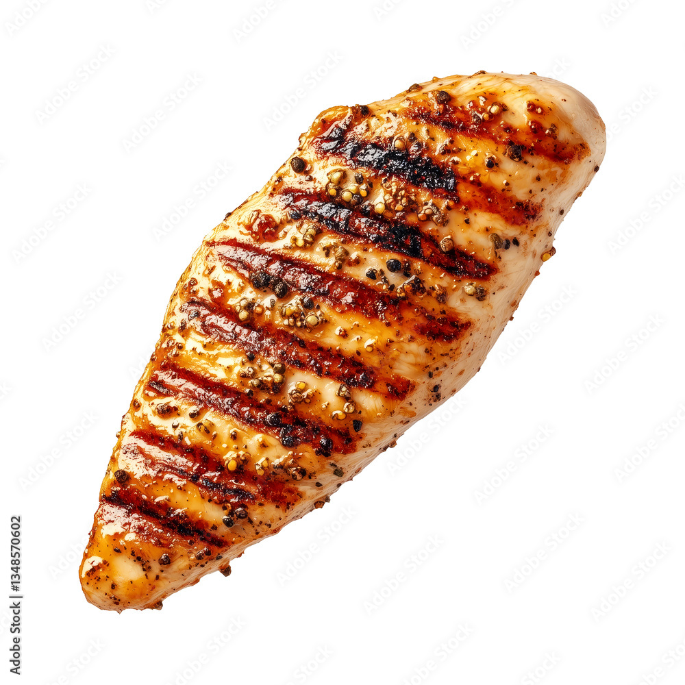Grilled chicken breast seasoned with spices isolated on white transparent background, concept of healthy food and barbecue Grilled chicken breast seasoned with spices isolated on white transparent background, concept of healthy food and barbecue