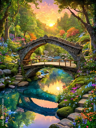 fairytale landscape, forest, bridge across the river