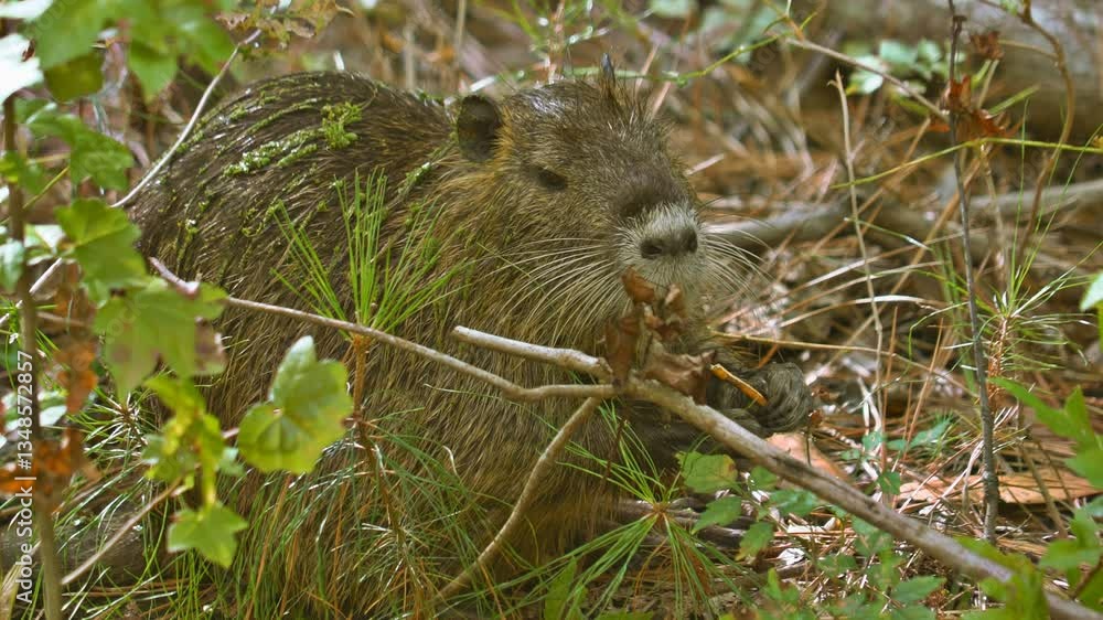 Close up of a muskrat's face, covered in green algae, eating on a small stick. Close up of a muskrat's face, covered in green algae, eating on a small stick.