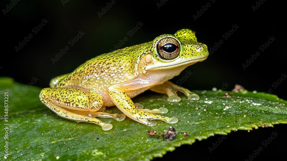 Bright green frog resting on a leaf in a lush rainforest during daytime Bright green frog resting on a leaf in a lush rainforest during daytime