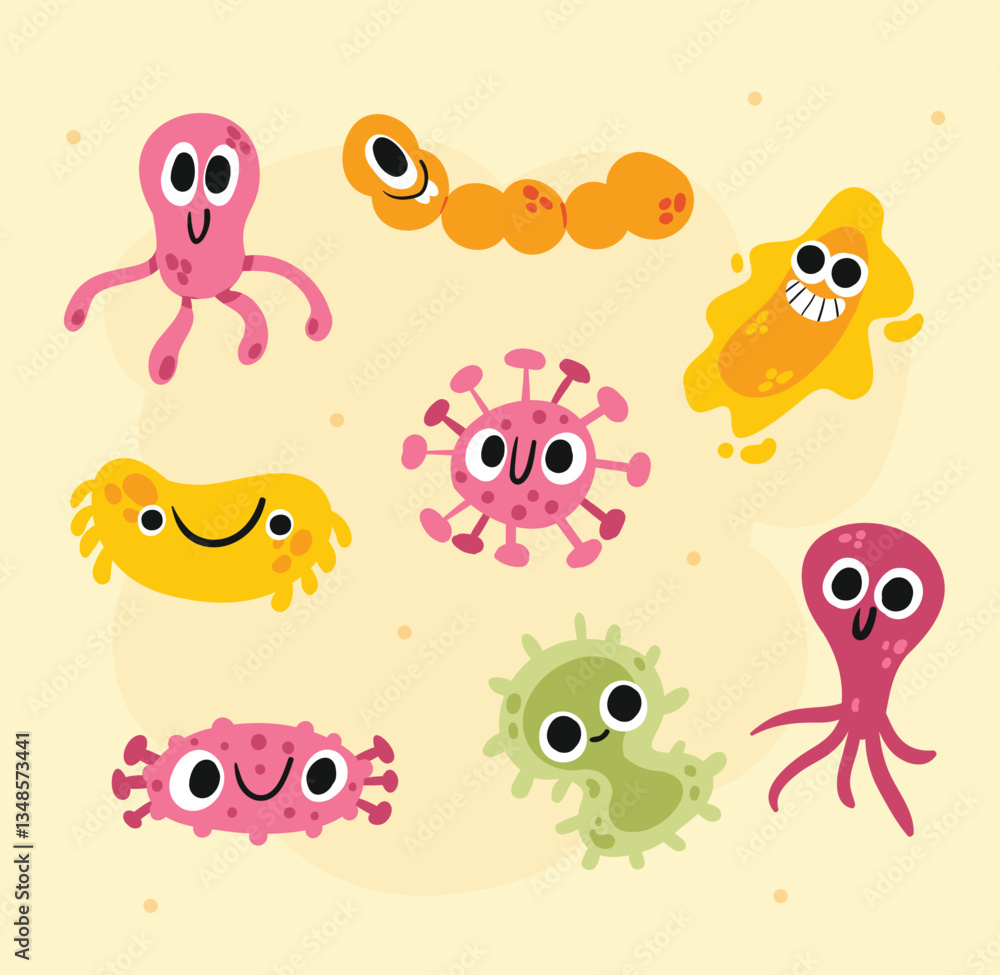Obraz premium Cute Cartoon Germs and Bacteria Set for Kids Science Projects