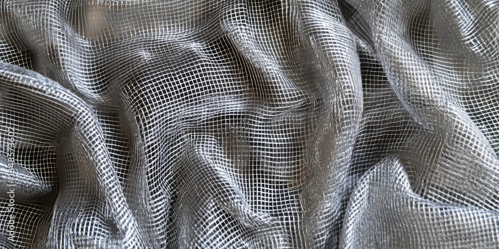 A shimmering metallic mesh fabric texture background in silver and black. The fine, interwoven strands create a high-tech, industrial look, perfect for futuristic fashion, protective gear, and A shimmering metallic mesh fabric texture background in silver and black. The fine, interwoven strands create a high-tech, industrial look, perfect for futuristic fashion, protective gear, and