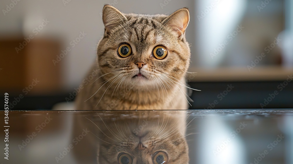 Naklejka premium A domestic cat looks with wide eyes at the camera