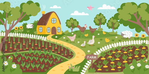 Farming concept background. Gardening nature banner. Farmhouse, planted plants and livestock. Vector illustration in flat style.	