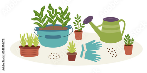 Garden background with seedlings, watering can and gloves isolated on white. Spring, gardening, ecology concept. Vector hand drawn banner.