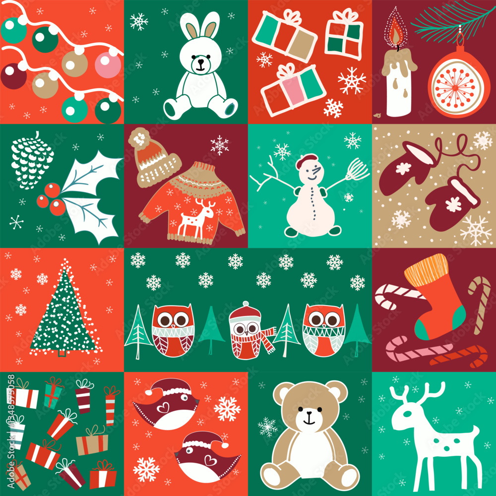 Christmas seamless pattern for greeting cards, wrapping paper. Winter collage. Hand drawn winter background from doodle Christmas trees, Santa, snowflakes, present box. Patchwork. Vector illustration Christmas seamless pattern for greeting cards, wrapping paper. Winter collage. Hand drawn winter background from doodle Christmas trees, Santa, snowflakes, present box. Patchwork. Vector illustration
