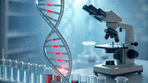 Close-up of glowing DNA double helix with red warning sign symbolizing cancer risk, set in a medical lab with test tubes and microscopes. Genetic research, health risk awareness