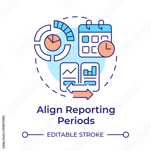 Aligning reporting periods multi color concept icon. Finances. Best practice for intercompany accounting. Round shape line illustration. Abstract idea. Graphic design. Easy to use in booklet