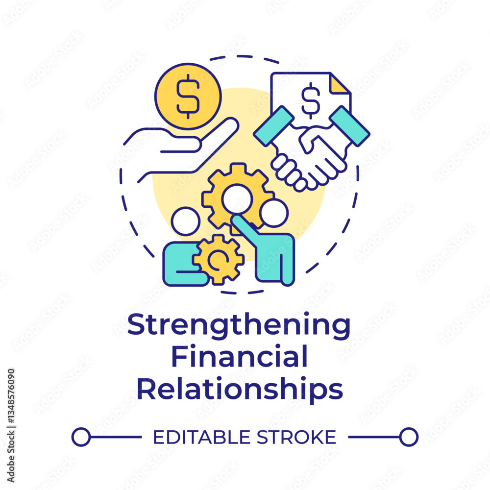 Strengthening financial relationships multi color concept icon. Benefit of intercompany accounting transactions. Round shape line illustration. Abstract idea. Graphic design. Easy to use in booklet Strengthening financial relationships multi color concept icon. Benefit of intercompany accounting transactions. Round shape line illustration. Abstract idea. Graphic design. Easy to use in booklet