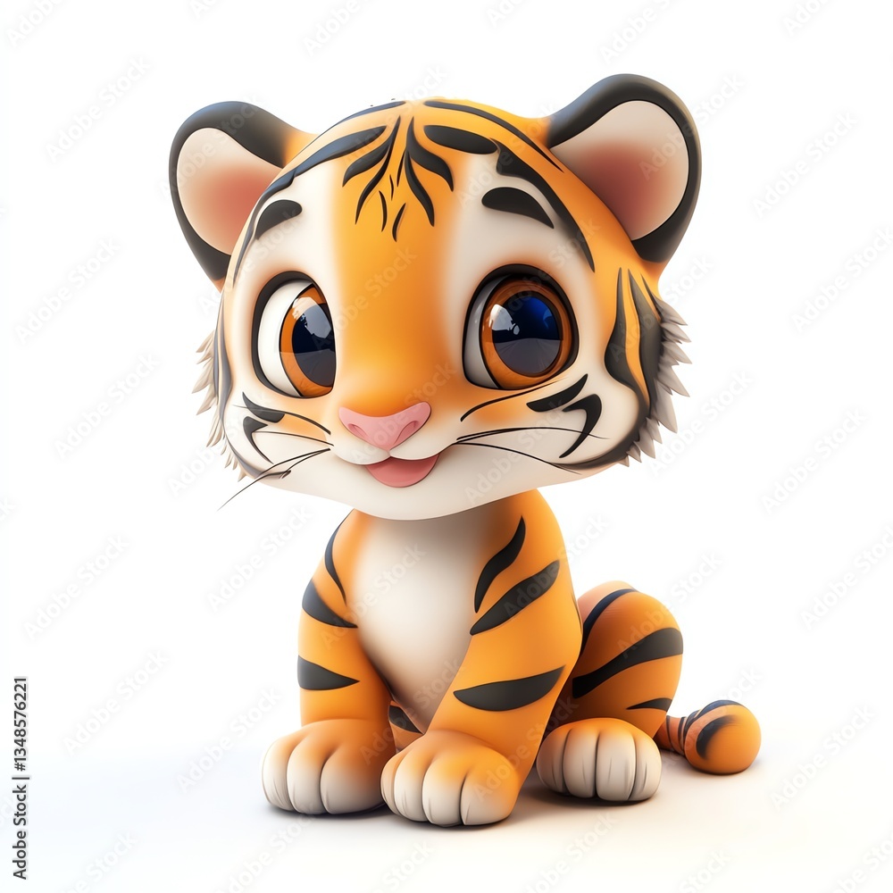 Delightful 3D Cartoon Tiger Cub Sitting on White Background, Adorable and Playful Delightful 3D Cartoon Tiger Cub Sitting on White Background, Adorable and Playful