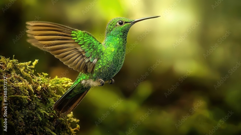 Fototapeta premium Hummingbird feeding in lush forest nature photography vibrant green environment close-up perspective