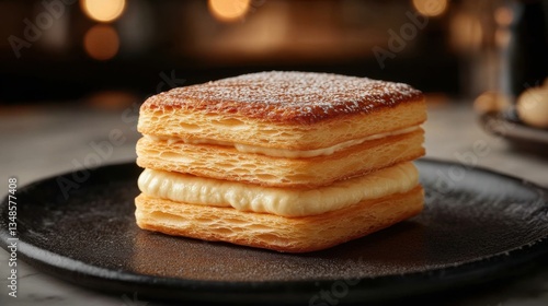 Wallpaper Mural Close up of square puff pastry cake with custard filling and powdered sugar on dark plate with blurred background. Torontodigital.ca