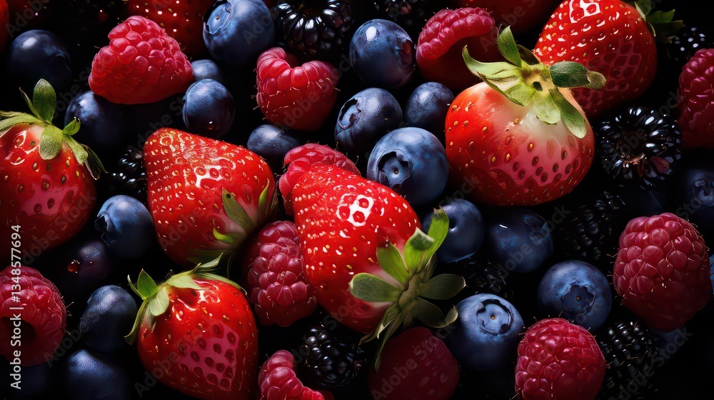 Forest berries as background. Strawberries and blueberries, top view Forest berries as background. Strawberries and blueberries, top view