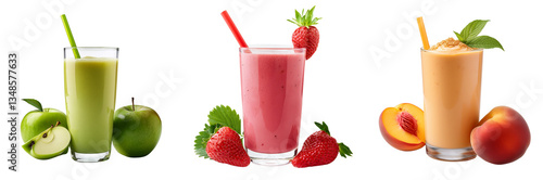 Colorful Smoothie Trio: A vibrant collection of three refreshing smoothies, each bursting with fruity flavors and beautifully presented with fresh ingredients. It's a visual treat.