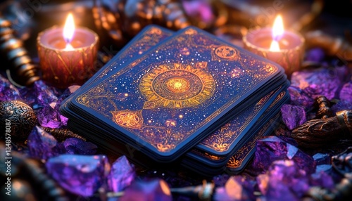 Tarot Cards and Candlelight with Purple Crystals for Fortune Telling and Astrology in a Mystical Scene