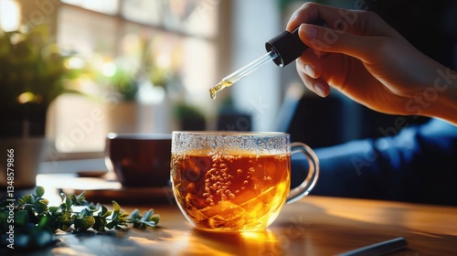 Wallpaper Mural Cannabis Oil Use for Anxiety Relief Woman Adding Drops to Tea in Modern Office Natural Light Torontodigital.ca
