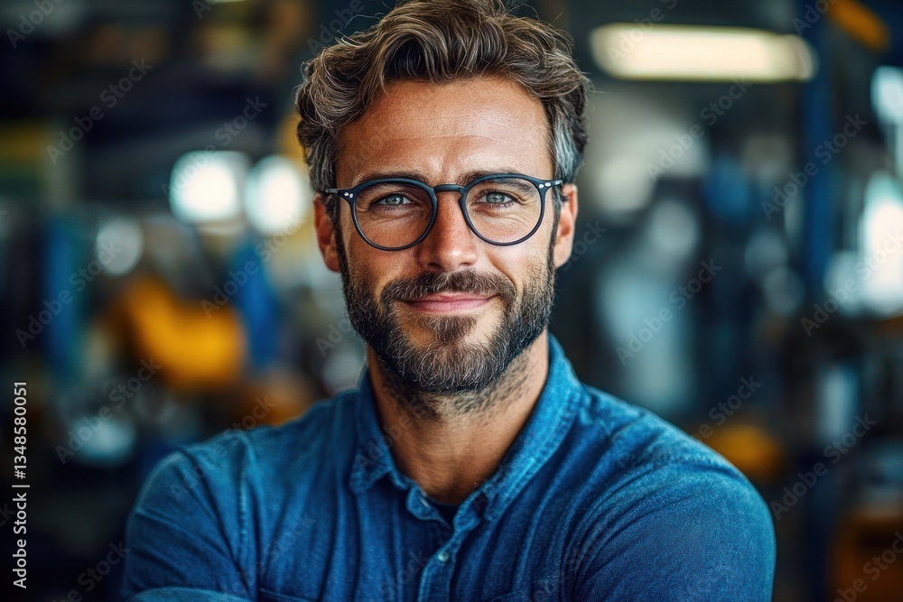 Confident Hispanic Man Engineer Scientist in Technology Workshop Portrait Confident Hispanic Man Engineer Scientist in Technology Workshop Portrait