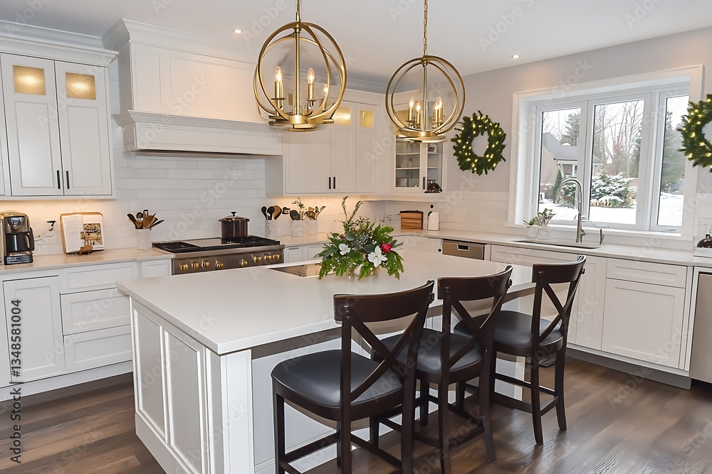 Fototapeta premium Interior of a bright, modern kitchen with island, pendant lights, and seasonal decor