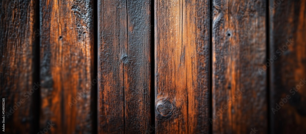 Fototapeta premium Close-up of dark wood planks with textured grain and knot details.