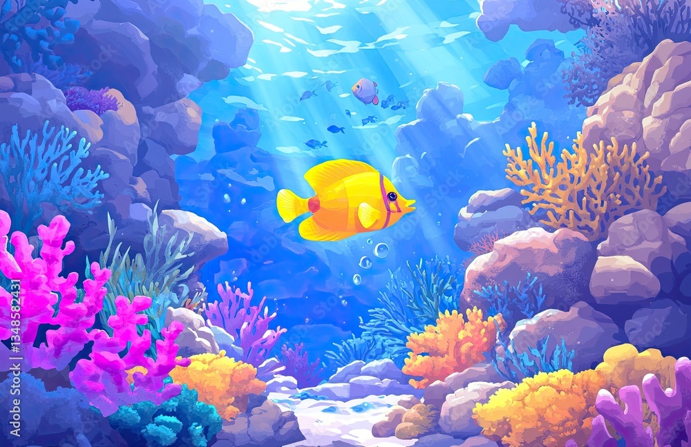 Fototapeta premium Colorful tropical fish swimming through a vibrant coral reef, highlighting the beauty of underwater ecosystems. Perfect for ocean and marine life-themed designs. 