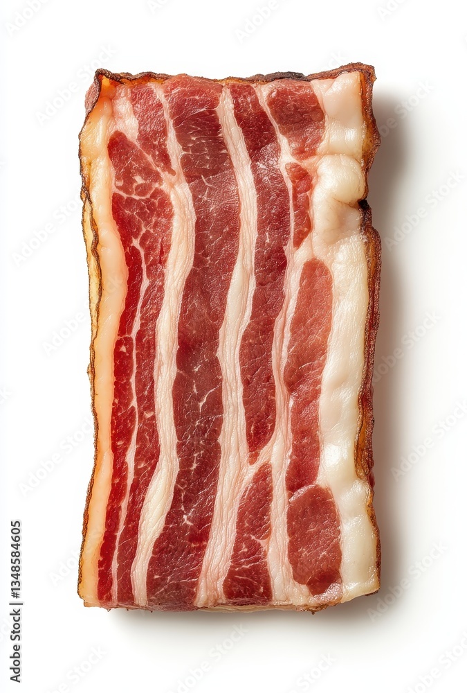 Obraz premium Freshly Sliced Bacon Strip on a Clean White Background Highlighting the Rich Color and Texture of the Meat for Culinary Visuals