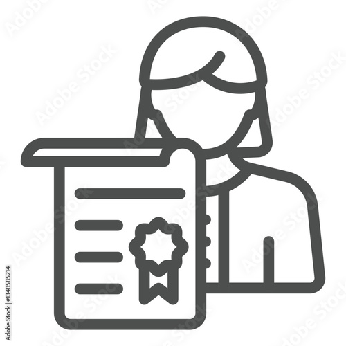 Psychologist woman with certificate line icon, family psychology concept. Vector graphics. Woman with document paper sign on white background, outline style icon for mobile or web design.