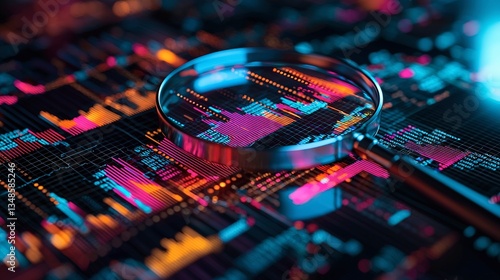 A magnifying glass examining a colorful data chart in detail