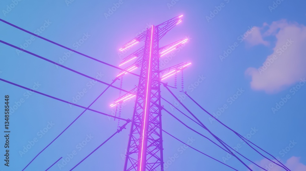 Fototapeta premium Neon Power Pole Against a Pastel Sky