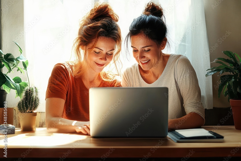 Senior lesbian couple using laptop at home in cozy minimalist setting with natural light