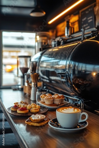 A cozy coffee shop counter with a variety of pastries and a cup of coffee, perfect for a morning pick-me-up or afternoon break
