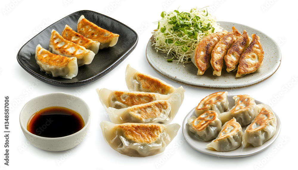 Tasty boiled gyoza (dumplings) with soy sauce on white background, collage Tasty boiled gyoza (dumplings) with soy sauce on white background, collage