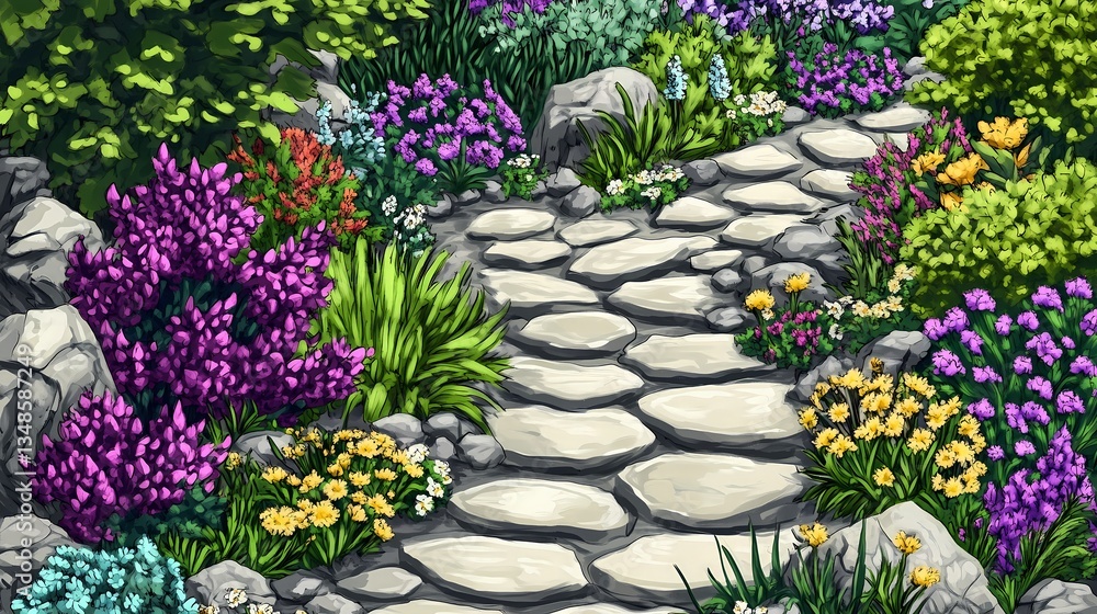Obraz premium Beautiful wildflower garden illustration with a stone pathway. A vibrant and natural botanical design, perfect for gardening, landscaping, nature, and floral-themed projects