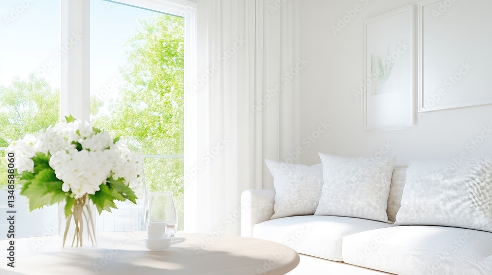 Fototapeta premium Bright, airy, modern living room with natural light and white decor. A bouquet of white flowers sits on a light-colored wooden table, next to a coffee cup.