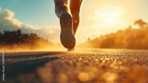 Running away from the sun a dynamic athlete in action on a dusty road at sunset
