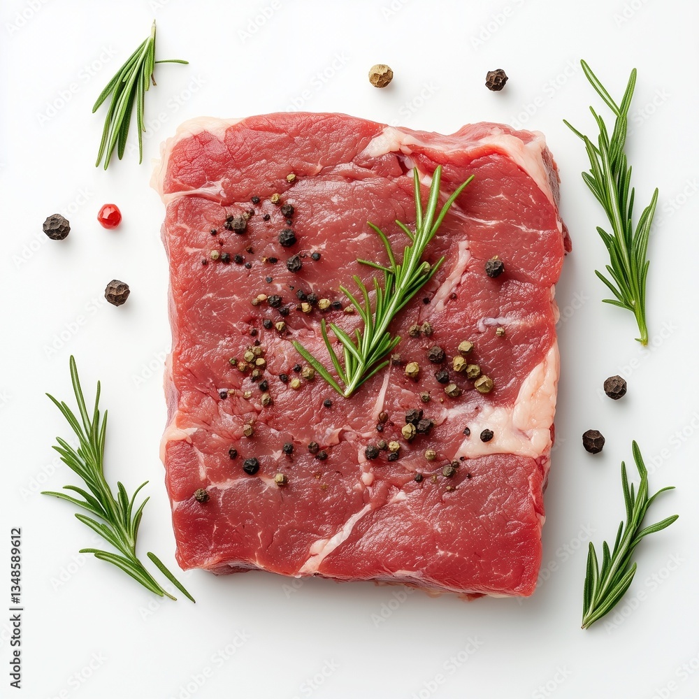 Raw beef steak with rosemary and peppercorns on white background. Raw beef steak with rosemary and peppercorns on white background.