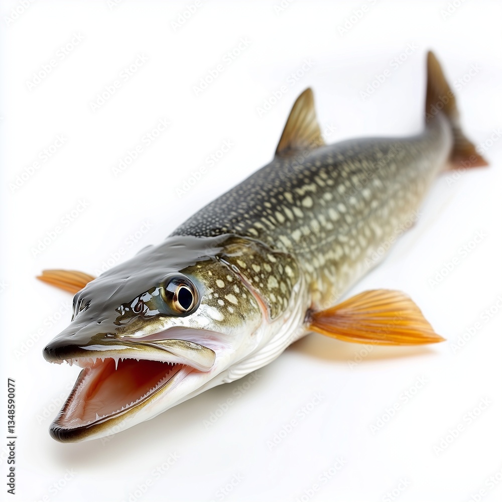 Obraz premium Fresh northern pike fish with open mouth on white background.
