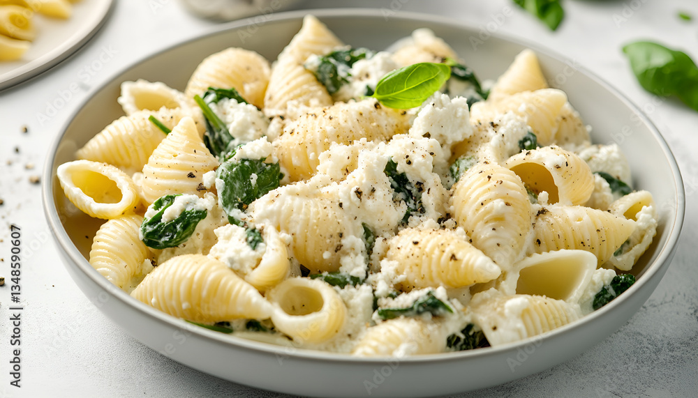 Delicious shell pasta with ricotta and spinach served on light gray table, close-up Delicious shell pasta with ricotta and spinach served on light gray table, close-up