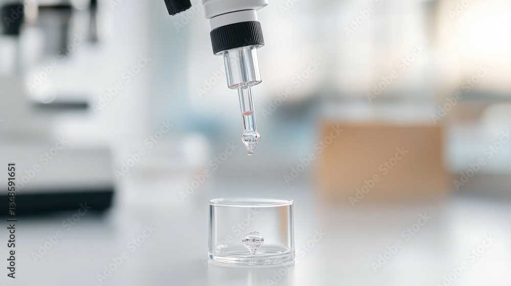 Close-up of an eyedropper with a drop dripping down, in front of a white laboratory table and a blurred background of a modern lab interior. Online DNA analysis concept. Close-up of an eyedropper with a drop dripping down, in front of a white laboratory table and a blurred background of a modern lab interior. Online DNA analysis concept.