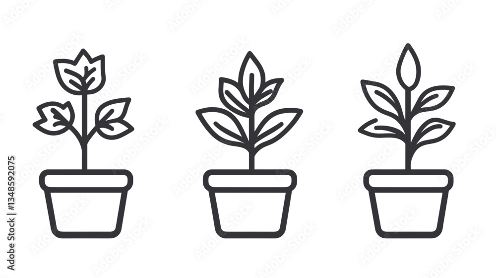 Set of three potted plant icons on white background with copy space Set of three potted plant icons on white background with copy space