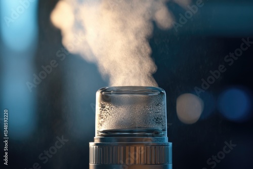 A close up view of a water bottle with steam rising from the top, perfect for use in illustrations about hydration or refreshing drinks