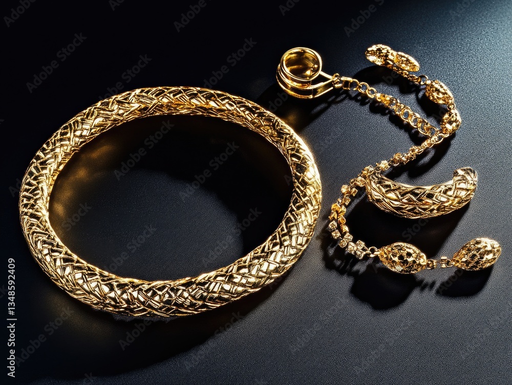 Luxury gold necklace and bracelet displayed against a dark background Luxury gold necklace and bracelet displayed against a dark background