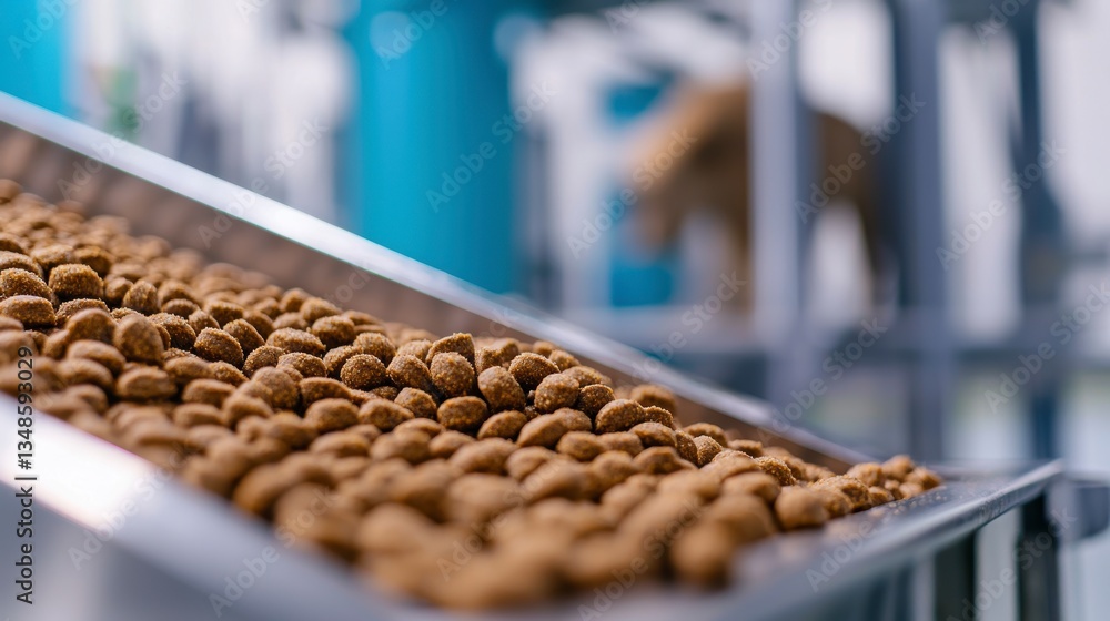 Fototapeta premium High quality pet food kibble being processed in factory, showcasing production line and texture of kibble. 