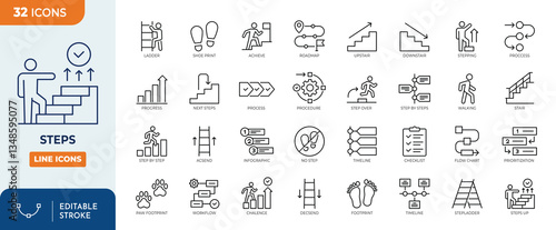 Steps line editable icon set. Containing stairs, footprint, progress, step by step, roadmap, process, walk and more. Vector illustration