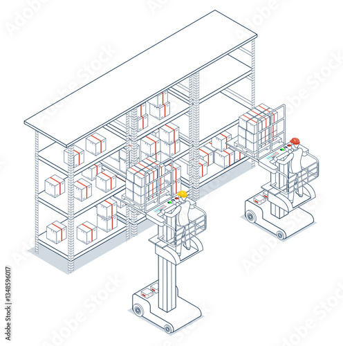 Warehouse worker uses an order picker forklift to load cardboard boxes onto shelves
