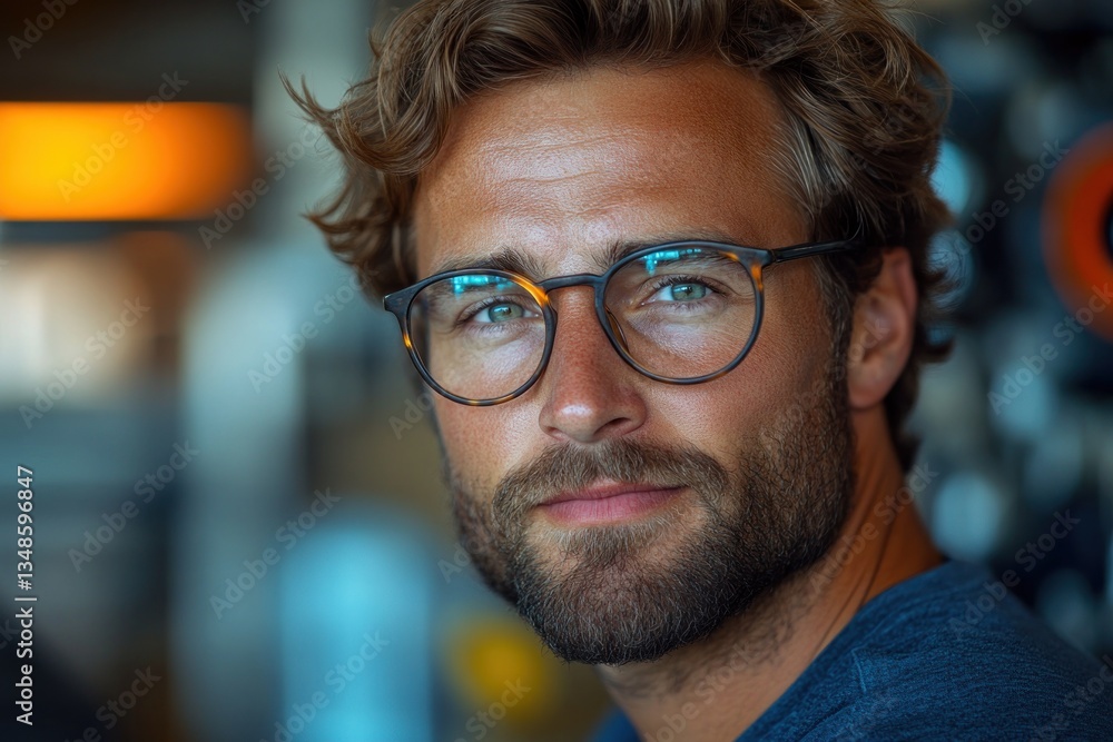 Confident Young Hispanic Man as Engineer in High-Tech Workshop with Glasses and Cinematic Lighting Confident Young Hispanic Man as Engineer in High-Tech Workshop with Glasses and Cinematic Lighting