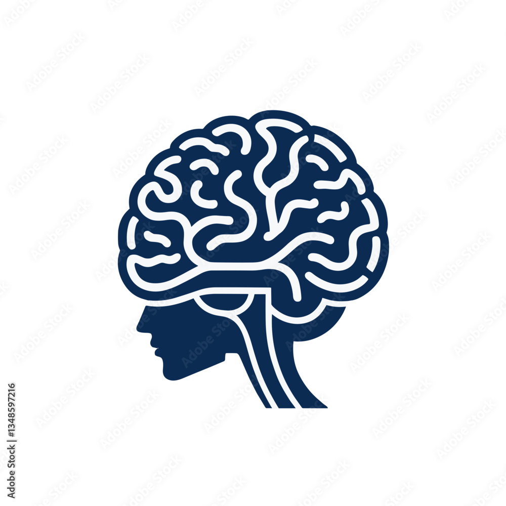 Stylized silhouette of a human head with a detailed brain illustration Stylized silhouette of a human head with a detailed brain illustration